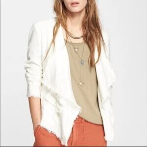 Free People Femme Ivory Linen Jacket Draped Buckle Side Raw Hem Size Medium